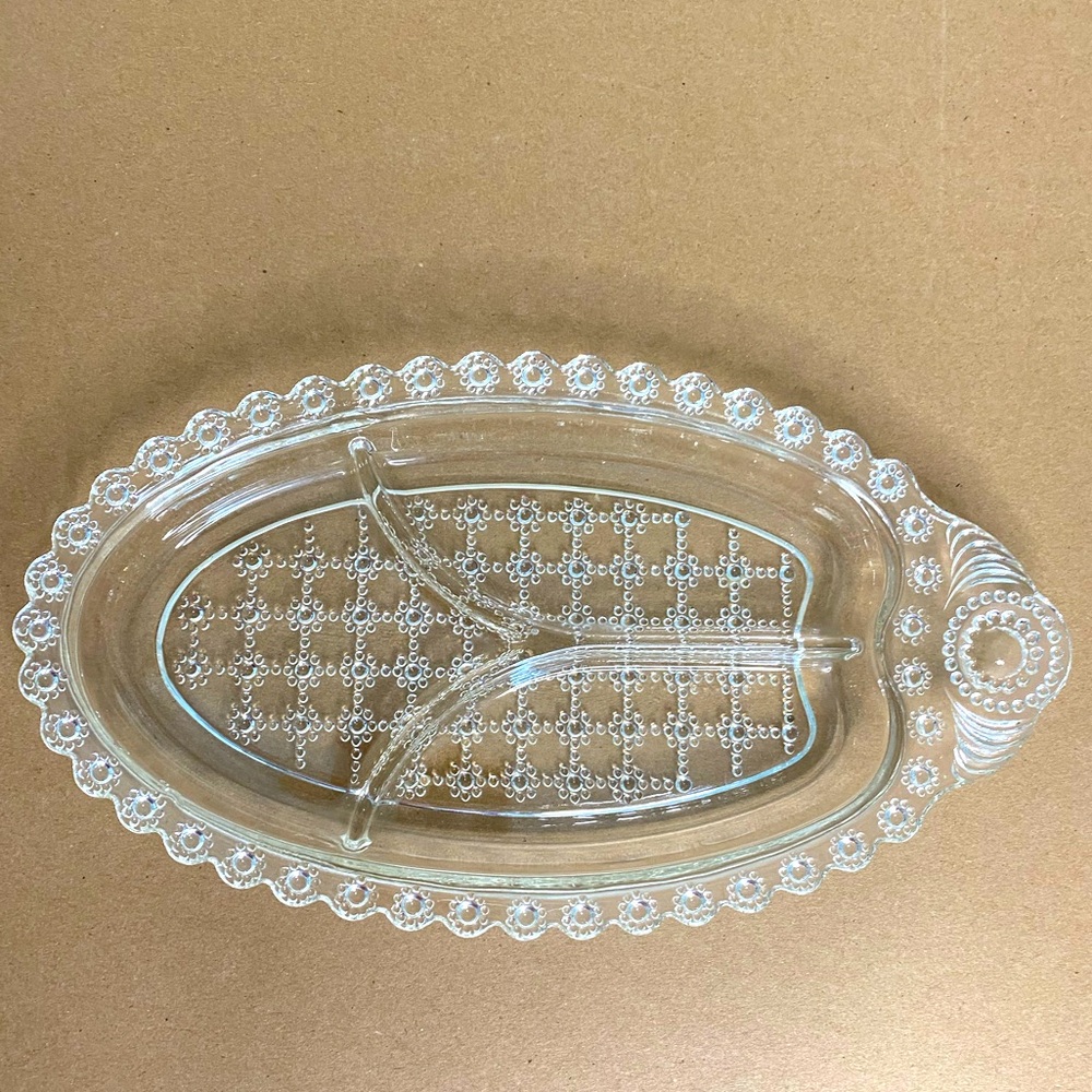 EUC Vtg Oval Hazel Atlas Clear Glass Jewel 3 Part Divided Relish Dish